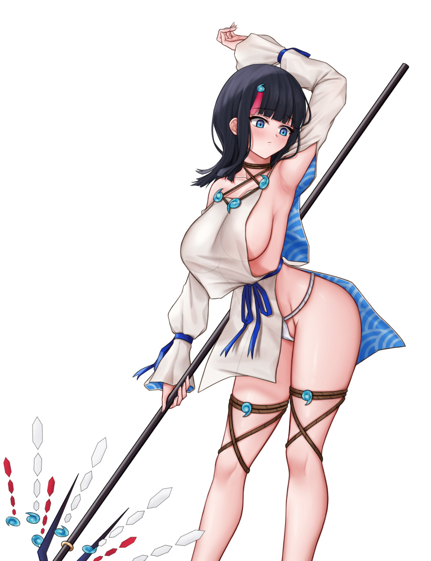 1girl absurdres arm_behind_head arm_up armpits bangs bare_shoulders black_hair blue_eyes blue_ribbon blush breasts closed_mouth collarbone dress erenav fate/grand_order fate/requiem fate_(series) fundoshi highres japanese_clothes jewelry large_breasts long_sleeves looking_at_viewer magatama magatama_hair_ornament medium_hair multicolored_hair necklace pelvic_curtain pink_hair polearm puffy_long_sleeves puffy_sleeves ribbon short_dress sideboob sideless_outfit simple_background spear streaked_hair thighs utsumi_erise weapon white_background white_dress