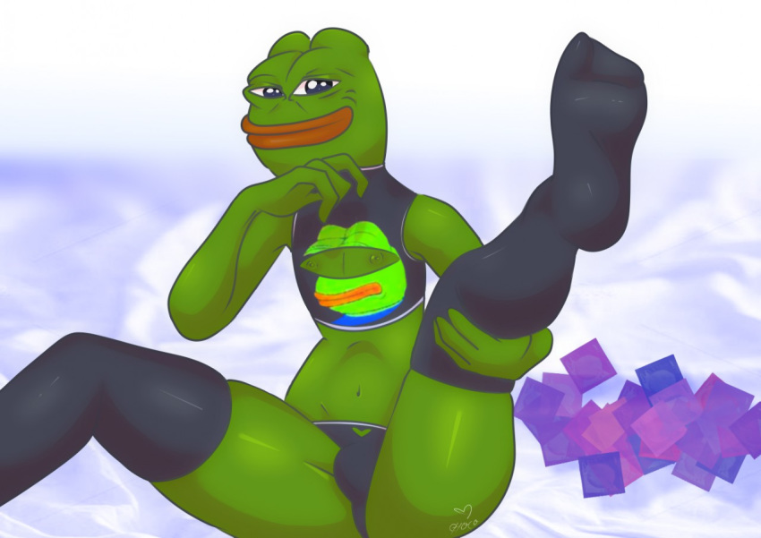 amphibian anthro bulge clothing condom crop_top flat_chested frog girly legwear looking_at_viewer male mamachoco nightmare_fuel pepe_the_frog raised_leg sexual_barrier_device shirt simple_background smile solo tank_top thigh_highs top topwear trap_(disambiguation) underwear