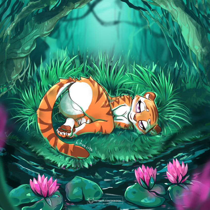 1:1 2020 anthro breasts butt detailed_background dreamworks featureless_breasts featureless_crotch felid female fur grass hi_res kiaun kung_fu_panda light lighting lily_pad lying mammal master_tigress orange_body orange_fur pantherine plant solo text tiger tree url water