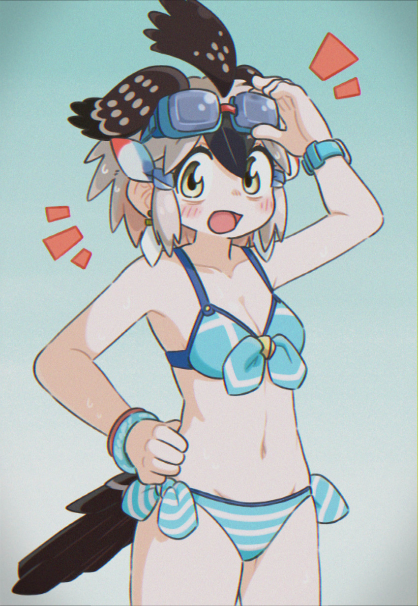 +++ 1girl absurdres appleq arm_up bangle bikini black_hair bracelet breasts cleavage collarbone film_grain front-tie_bikini front-tie_top goggles goggles_on_head greater_roadrunner_(kemono_friends) grey_hair hair_between_eyes hair_tubes hand_on_eyewear hand_up head_wings highres horizontal_stripes jewelry kemono_friends looking_at_viewer medium_hair multicolored_hair navel open_mouth side-tie_bikini side-tie_bottom small_breasts solo stomach striped striped_bikini striped_swimsuit swimsuit watch wet wristwatch yellow_eyes