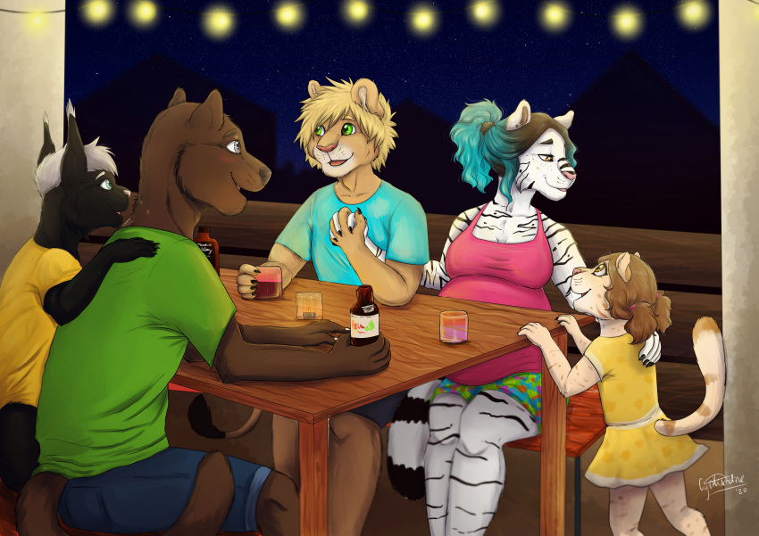 absurd_res alcohol anthro beer beverage child cynthiafeline dinner domestic_cat euplerid evening fairy family felid feline felis female fossa friends group group_photo hi_res hybrid liger light lights lion lovely maine_coon male mammal night outside pantherine parent parent_and_child parent_and_daughter parenting pregnant scenery star tiger whiskey young