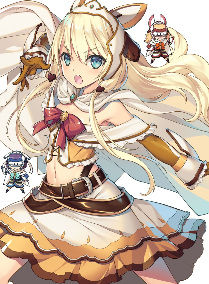 3girls :o alice_corner arm_up bangs belt belt_buckle blonde_hair blue_eyes blush boots bow buckle cape chibi eyebrows_visible_through_hair flat_chest gloves hair_between_eyes headgear highres kenja_no_mago kikuchi_seiji long_hair looking_at_viewer may_von_alsheid midriff multiple_girls navel official_art open_mouth outstretched_arm pose purple_hair ribbon rin_hughes simple_background skirt spoilers upper_teeth white_background