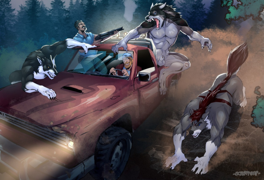 ambiguous_gender anthro balls canid canine canis car forest genitals group gun human humanoid luwynwusky male mammal rakan ranged_weapon scrappyvamp sniperwolfscout tree vehicle weapon were werecanid werecanine werewolf wolf