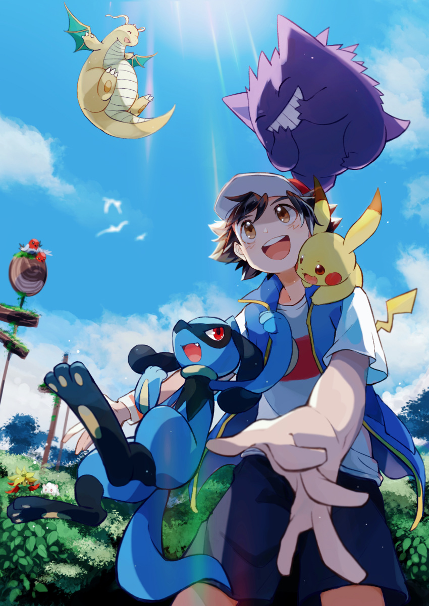 1boy :d absurdres baseball_cap black_hair brown_eyes cloud commentary_request day dragonite fletchling from_below gen_1_pokemon gen_4_pokemon gen_6_pokemon gen_8_pokemon gengar gossifleur happy hat highres light_blush light_rays on_shoulder open_mouth outdoors pikachu pokemon pokemon_(anime) pokemon_(creature) pokemon_on_shoulder pokemon_swsh_(anime) riolu satoshi_(pokemon) shirt shorts sky smile spread_fingers sunbeam sunlight swirlix teeth tongue upper_teeth white_shirt wristband xue_ezi