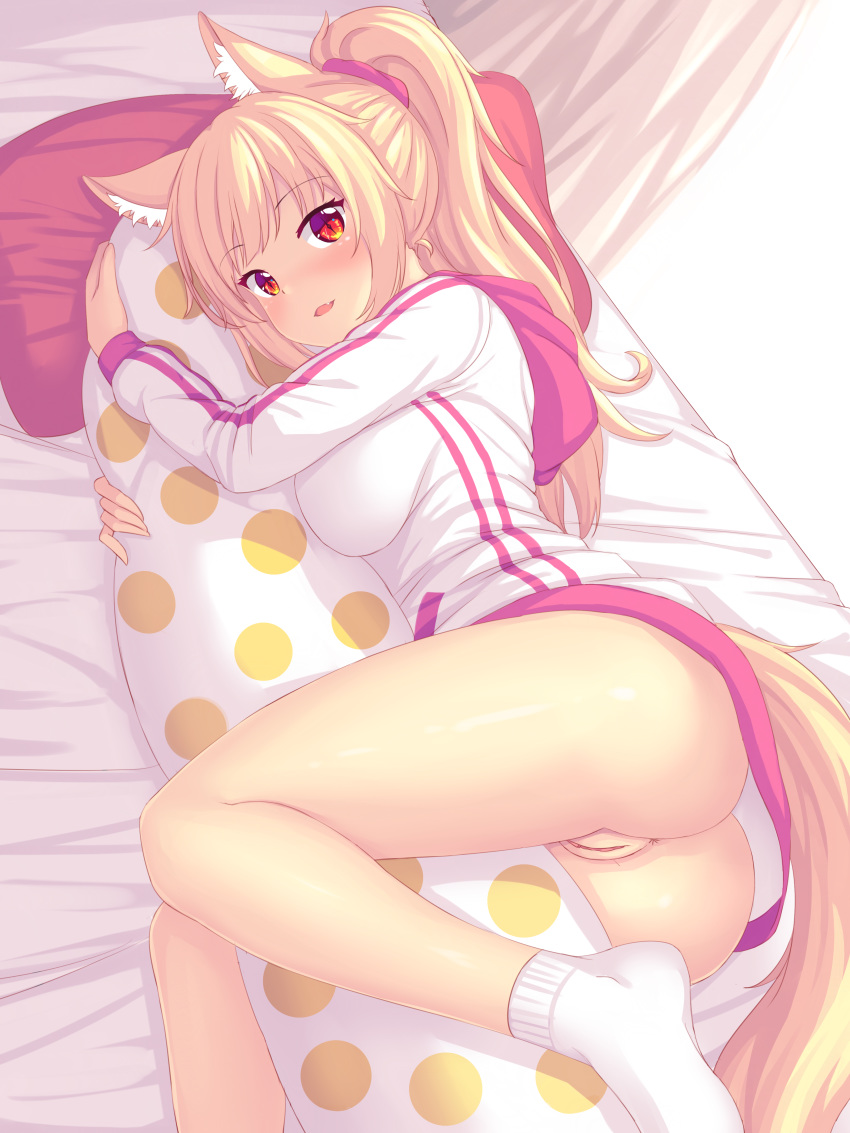 1girl absurdres animal_ear_fluff anus arm_up ass bangs bed blonde_hair blush body_pillow breasts cameltoe clitoris eyebrows_visible_through_hair fang fast-runner-2024 high_ponytail highres hood hood_down hoodie large_breasts long_hair long_sleeves looking_at_viewer lying no_panties no_pants no_shoes on_bed on_side original parted_lips pillow pillow_hug ponytail pussy red_eyes slit_pupils smile socks solo tiffy_(fast-runner-2024) uncensored white_hoodie white_legwear