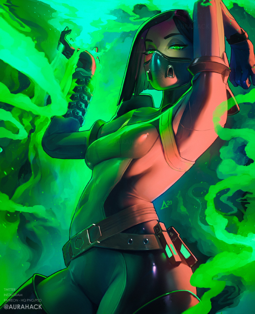 1girl arm_up aurahack belt black_hair bob_cut bodysuit boots breasts covered_mouth covered_navel green_eyes green_smoke highres loose_belt mask short_hair skin_tight small_breasts smoke solo straight_hair thigh_boots thighhighs valorant viper_(valorant)