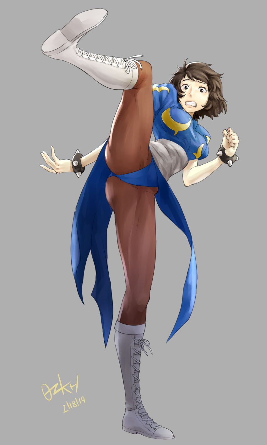 1girl absurdres alternate_costume ass bangs blue_dress boots bracelet breasts brown_eyes brown_hair brown_legwear china_dress chinese_clothes chun-li chun-li_(cosplay) commentary_request cosplay cross-laced_footwear dated dress embarrassed full_body grey_background highres jewelry kawakami_sadayo kicking knee_boots leg_up leggings ozkh panties pantyhose pelvic_curtain persona persona_5 puffy_short_sleeves puffy_sleeves sash short_hair short_sleeves signature simple_background solo spiked_bracelet spikes standing street_fighter thighs underwear white_footwear