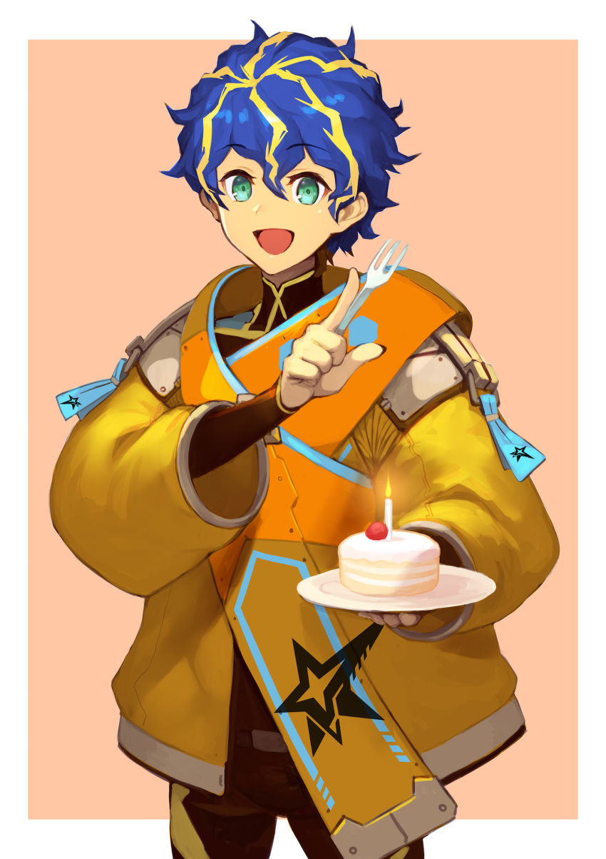 1boy :d aqua_eyes astel_leda blonde_hair blue_hair border cake candle coat commentary_request cowboy_shot eyebrows_visible_through_hair food fork hair_between_eyes highres holding holding_fork holding_plate holostars index_finger_raised looking_at_viewer male_focus messy_hair multicolored_hair nakamura_eight open_mouth orange_background plate short_hair simple_background smile solo standing streaked_hair virtual_youtuber white_border yellow_coat