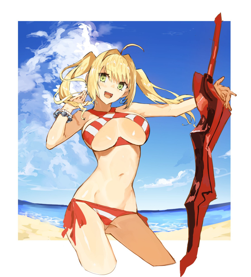 1girl aestus_estus ahoge ass_visible_through_thighs beach bikini blonde_hair border bracelet breasts cloud commentary_request criss-cross_halter cropped_legs day eyebrows_visible_through_hair fate/grand_order fate_(series) green_eyes groin hair_intakes halter_top halterneck highres holding holding_sword holding_weapon jewelry large_breasts long_hair looking_at_viewer navel nero_claudius_(fate)_(all) nero_claudius_(swimsuit_caster)_(fate) ocean outside_border planted_sword planted_weapon red_bikini sa/tsu/ki side-tie_bikini smile solo standing striped striped_bikini swimsuit sword twintails underboob weapon white_border