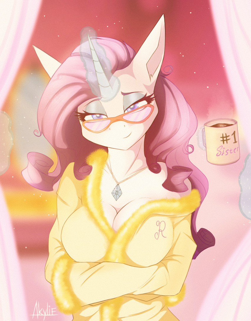 akylie anthro big_breasts breasts cleavage clothed clothing cup curtains english_text equid equine eyewear female friendship_is_magic glasses hi_res horn jewelry magic mammal my_little_pony necklace rarity_(mlp) robe solo telekinesis text unicorn