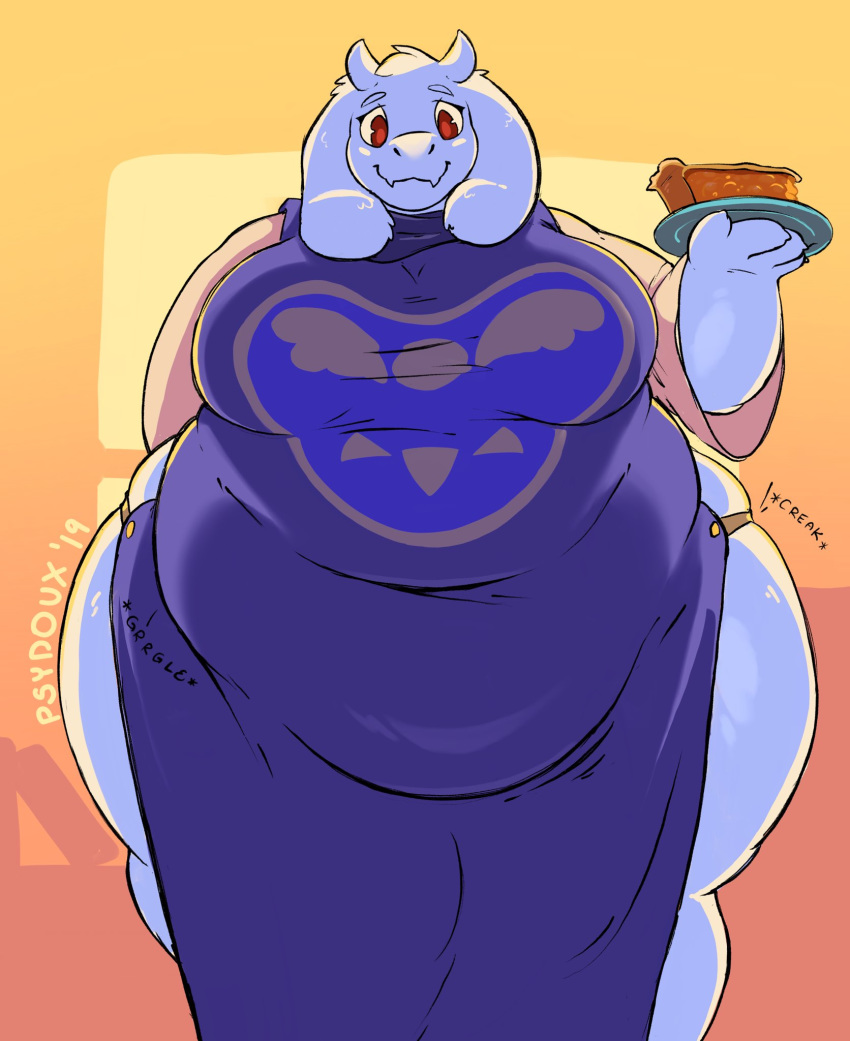 2019 anthro apron belly belly_overhang big_belly big_breasts boss_monster bovid breasts caprine clothing female food goat hi_res horn looking_at_viewer love_handles mammal mature_female obese obese_female onomatopoeia overweight overweight_female pie plate psydoux purple_apron smile solo sound_effects standing text thick_thighs tight_clothing toriel undertale video_games white_body wide_hips