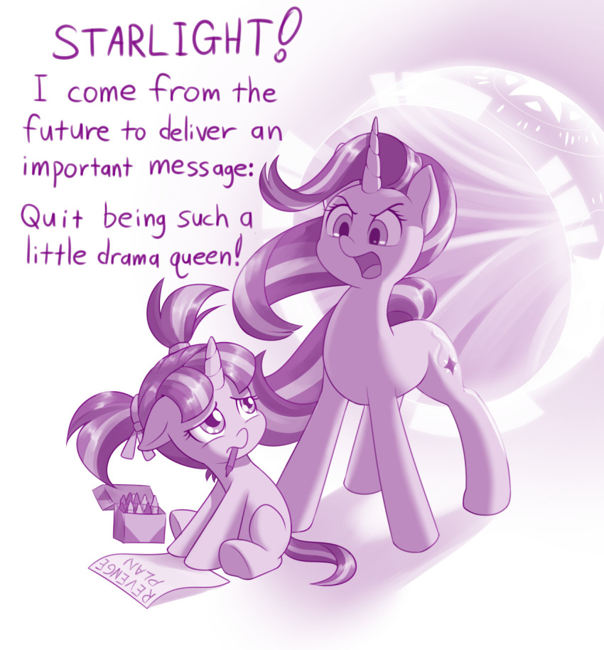 crayons dialogue dstears english_text equid equine female friendship_is_magic hi_res horn mammal monochrome my_little_pony pigtails portal purple_and_white sad starlight_glimmer_(mlp) text time_travel time_traveler unicorn young
