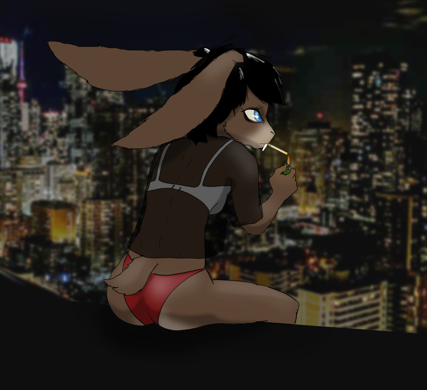 anthro black_hair blue_eyes bra brown_body brown_fur ciggarette city cityscape clothed clothing female fur hair hi_res lagomorph long_ears mammal panties partially_clothed phoebe(character) short_hair smoking_tobacco solo underwear unknown_artist