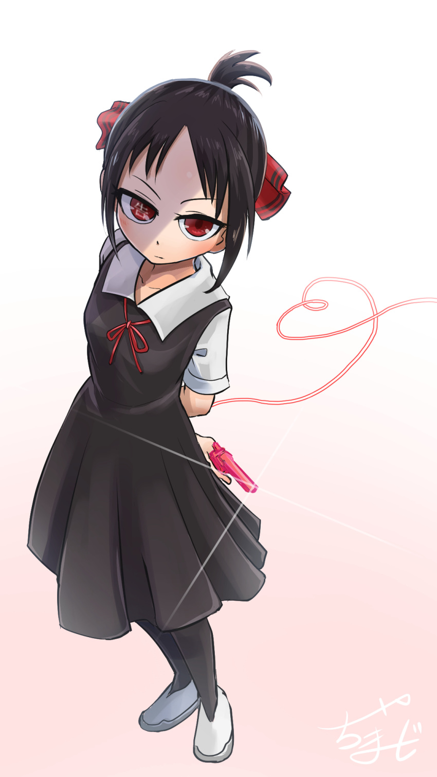 1girl arms_behind_back bangs black_dress black_hair black_legwear chamaji collared_dress commentary_request dress expressionless folded_ponytail glint gradient gradient_background gun hair_ribbon heart heart_of_string highres holding holding_gun holding_weapon kaguya-sama_wa_kokurasetai_~tensai-tachi_no_renai_zunousen~ looking_at_viewer neck_ribbon parted_bangs red_eyes red_ribbon ribbon shinomiya_kaguya sidelocks signature simple_background solo text_in_eyes translation_request weapon white_footwear