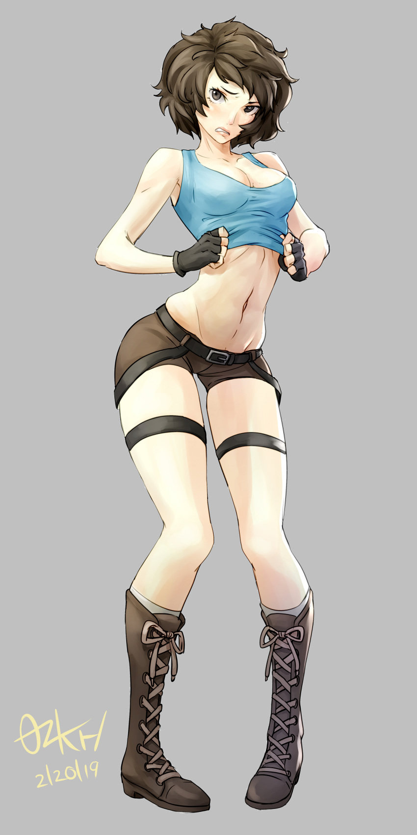 1girl absurdres alternate_costume bangs bare_shoulders belt boots breasts brown_eyes brown_hair commentary_request cosplay dated embarrassed fingerless_gloves full_body gloves grey_background highres holding_clothes kawakami_sadayo lara_croft lara_croft_(cosplay) looking_at_viewer midriff navel ozkh persona persona_5 short_hair shorts signature simple_background solo standing tank_top tomb_raider