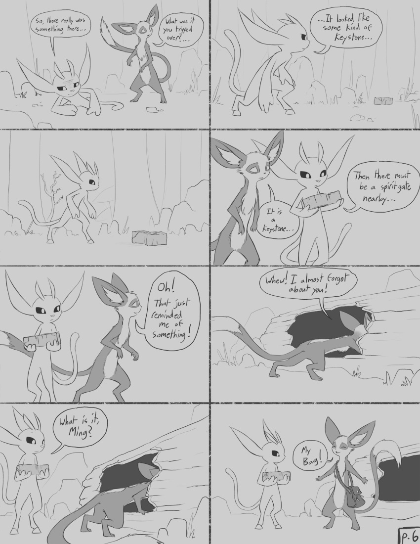 2020 bag bent_over biped black_and_white bruised comic digital_media_(artwork) duo english_text feral forest fur grass guardian_spirit hi_res hooves looking_down lying mammal ming moki_(species) monochrome on_front ori ori_and_the_will_of_the_wisps plant rock semi-anthro shrub shupamikey speech_bubble standing text tree video_games wood