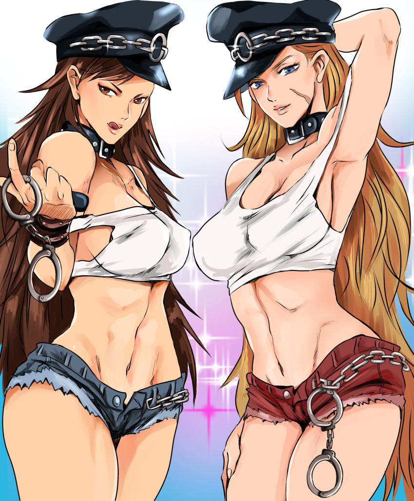 2girls absurdres alternate_costume alternate_hairstyle arm_behind_head arm_up armlet armpit_peek armpits bangs blonde_hair blue_eyes blue_shorts bracelet breasts brown_eyes brown_hair cabbie_hat cammy_white capcom choker chun-li collar come_hither commentary_request company_connection cosplay cuffs denim denim_shorts facial_scar final_fight handcuffs hat hayame_(m_ayame) highres jewelry large_breasts licking licking_lips long_hair looking_at_viewer messy_hair midriff multiple_girls navel open_fly poison_(final_fight) red_shorts roxy roxy_(cosplay) scar scar_on_cheek seductive_smile short_shorts shorts smile standing strap_slip street_fighter tank_top thick_thighs thighs toned tongue tongue_out very_long_hair