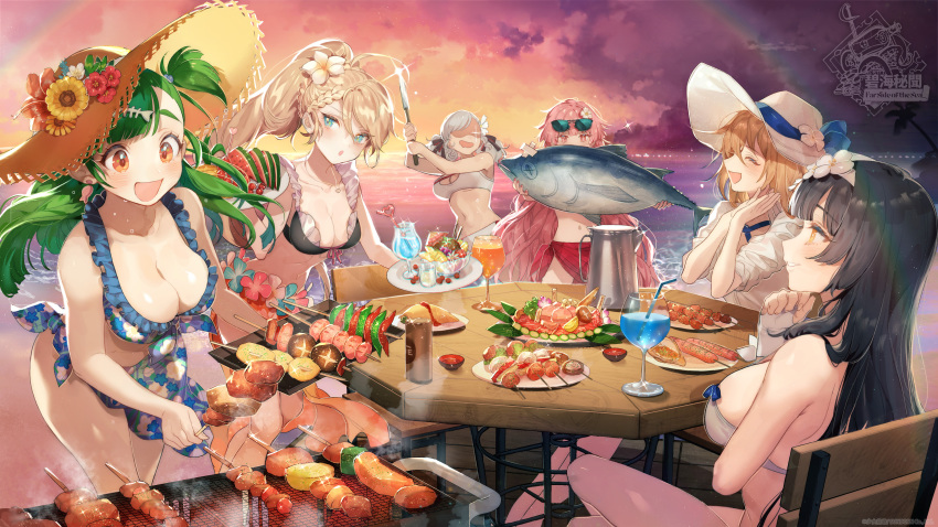 animal anthropomorphism aqua_eyes beach bikini black_hair blonde_hair blush braids brown_hair clouds drink fish flowers food fruit g28_(girls_frontline) g36_(girls_frontline) girls_frontline gloves gray_hair green_hair group hat headband knife long_hair necklace ntw-20_(girls_frontline) orange_eyes pink_eyes pink_hair ponytail qbz-95_(girls_frontline) rainbow sake short_hair sky spas-12_(girls_frontline) springfield_(girls_frontline) sunglasses sunset swimsuit tagme_(artist) water watermelon yellow_eyes