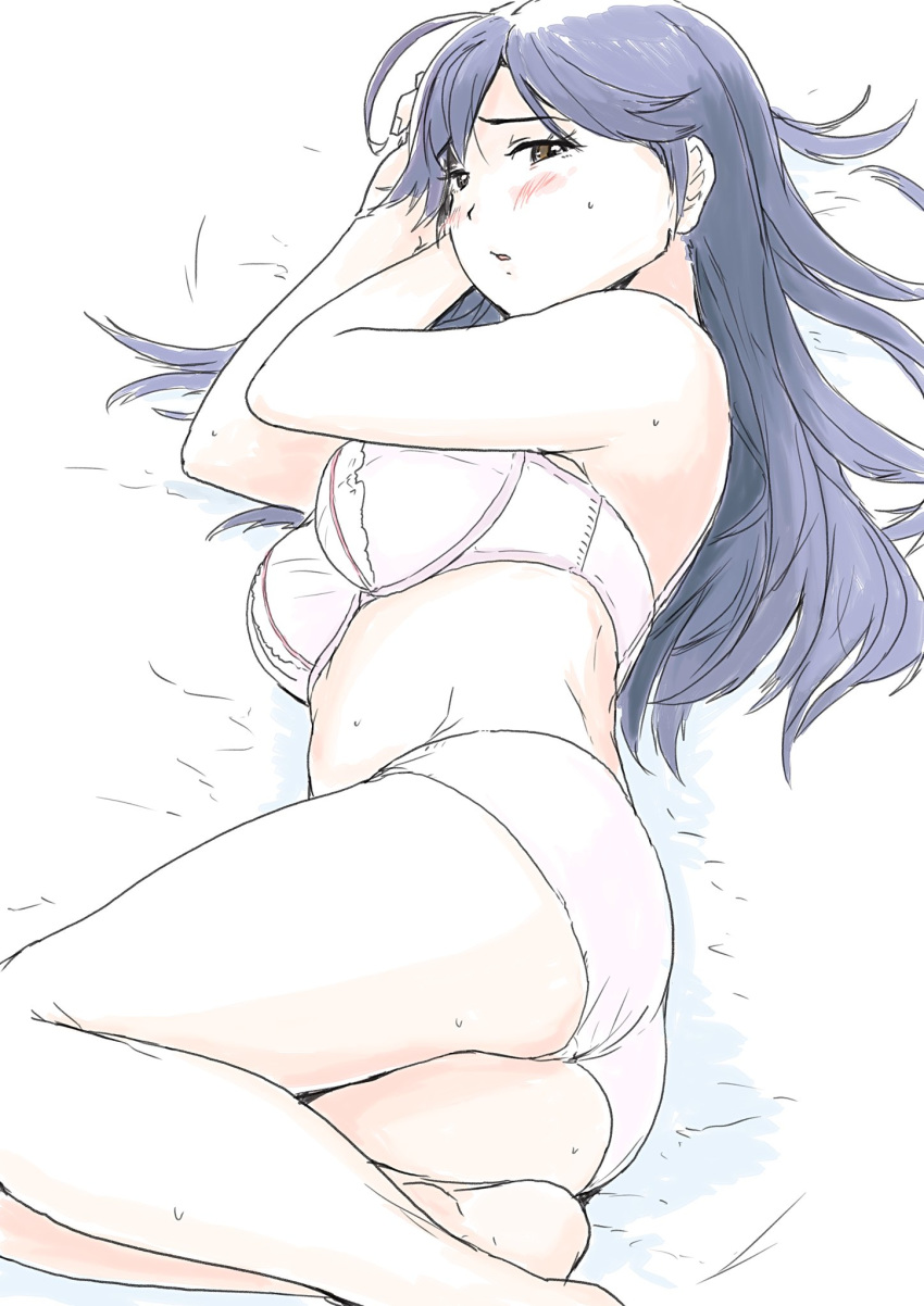1girl ahoge black_hair bra breasts brown_eyes highres kantai_collection large_breasts long_hair lying on_side panties solo underwear underwear_only ushio_(kantai_collection) vent_arbre white_bra white_panties