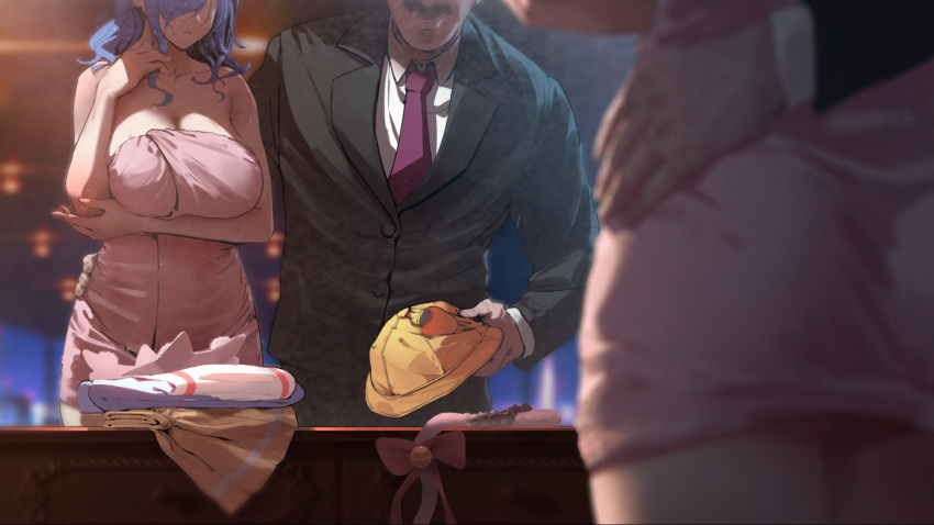 1boy 1girl aaa606 anal_tail arm_around_waist arm_under_breasts ass azur_lane blurry blurry_background breast_hold breasts depth_of_field fake_tail formal hair_over_one_eye highres huge_breasts kindergarten_uniform long_hair naked_towel necktie reflection sidelocks st._louis_(azur_lane) suit tail towel wet wet_hair
