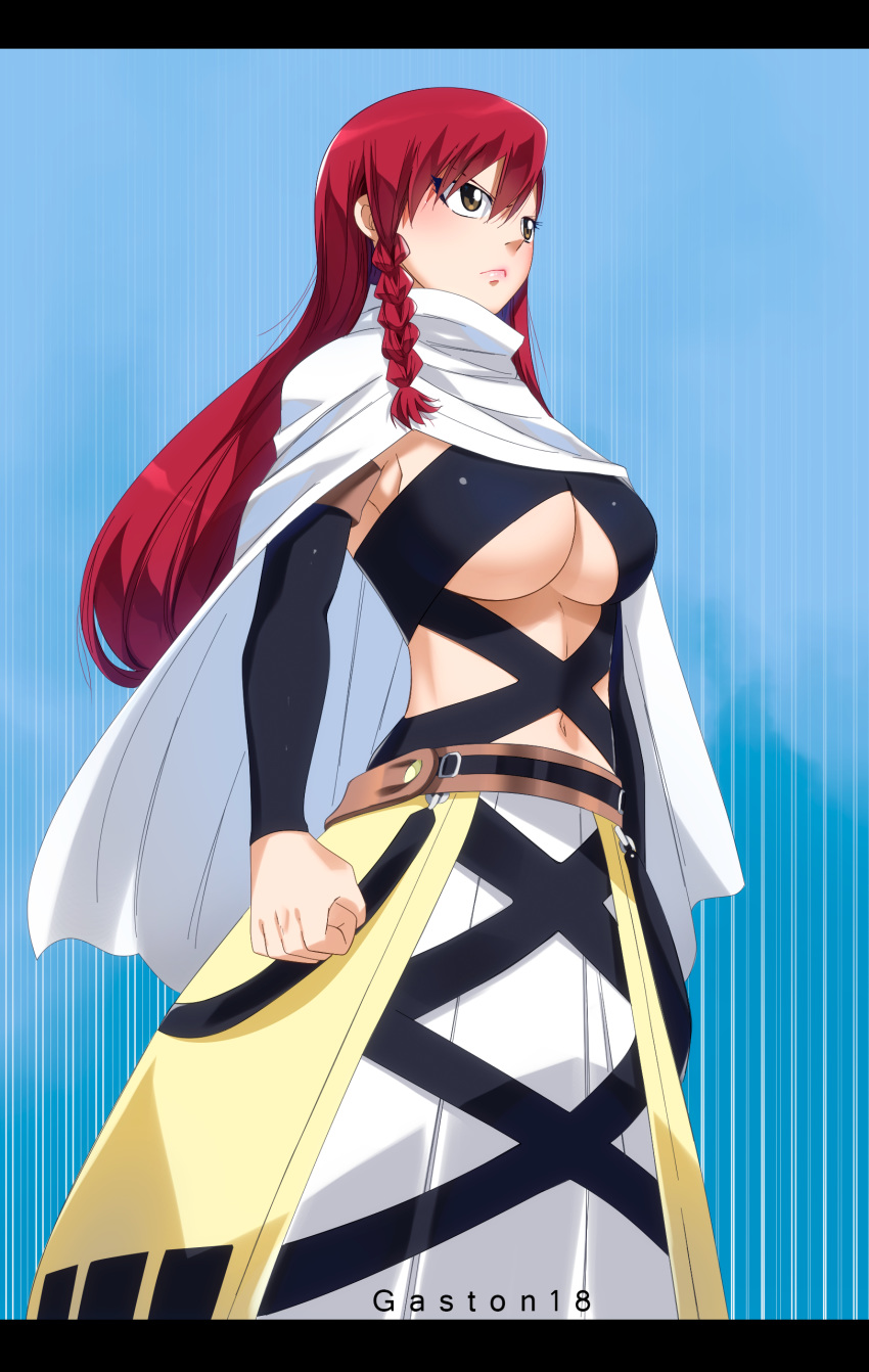 1girl absurdres alternate_costume artist_name blue_background braid breasts brown_eyes cleavage colorized cowboy_shot detached_sleeves erza_scarlet eyebrows_visible_through_hair fairy_tail gaston18 hair_between_eyes highres large_breasts long_hair mashima_hiro navel red_hair simple_background solo standing tagme underboob watermark