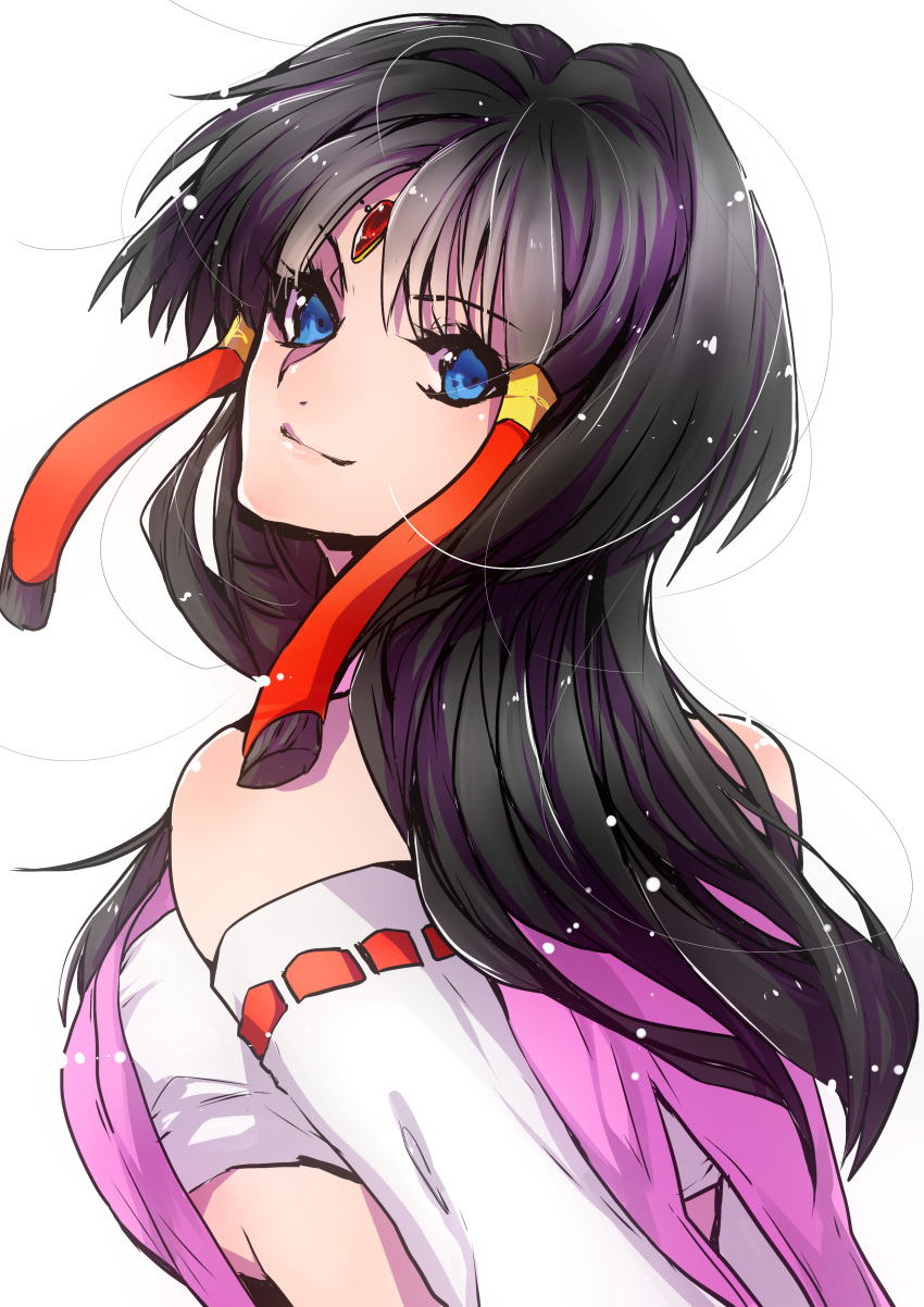 1girl absurdres bangs black_hair blue_eyes breasts cross_ange eyebrows_visible_through_hair forehead_jewel head_tilt highres huxoran77 looking_back painttool_sai_(medium) parted_bangs salamandinay solo underboob