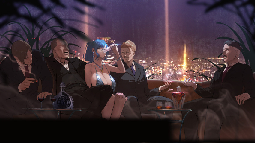 1girl 4boys aaa606 azur_lane blue_hair blurry blurry_foreground bracelet breasts champagne_flute cigar cityscape cleavage closed_eyes cup depth_of_field drinking_glass earrings formal glint hand_on_another's_knee highres huge_breasts indoors jewelry long_hair multiple_boys necklace necktie night side_ponytail silver_dress sitting smoke st._louis_(azur_lane) st._louis_(luxurious_wheels)_(azur_lane) suit wine_glass
