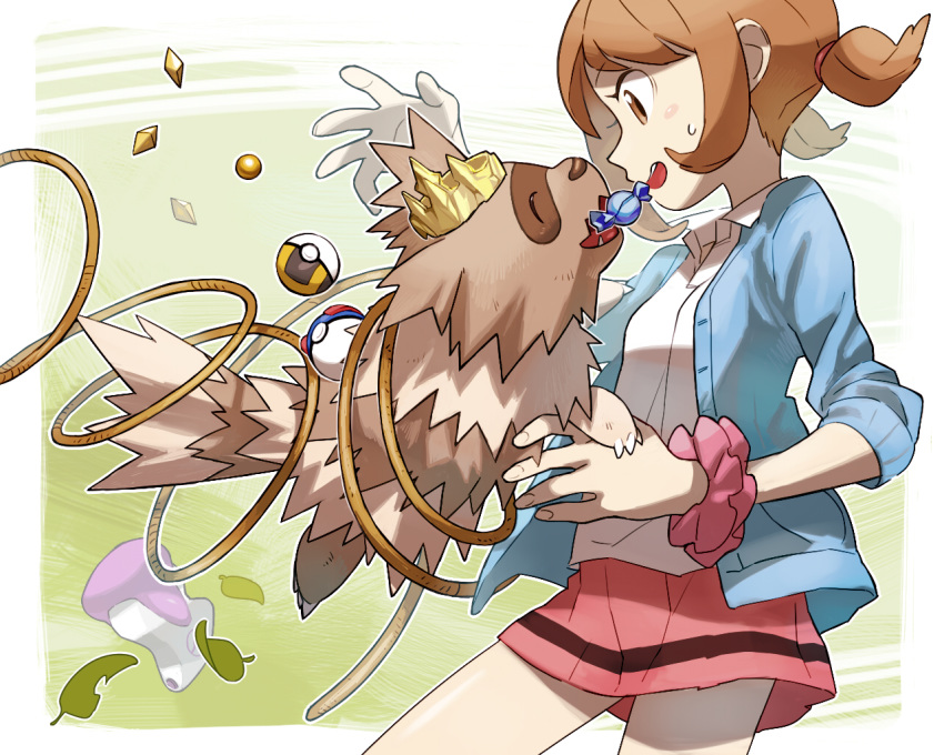 1girl bangs brown_eyes brown_hair collared_shirt commentary_request donnpati eyebrows_visible_through_hair gen_3_pokemon great_ball hair_tie lass_(pokemon) leaf looking_down open_mouth pink_skirt poke_ball pokemon pokemon_(creature) pokemon_(game) pokemon_oras potion_(pokemon) rare_candy scrunchie shirt skirt teeth tied_hair ultra_ball upper_teeth white_shirt wrist_scrunchie zigzagoon