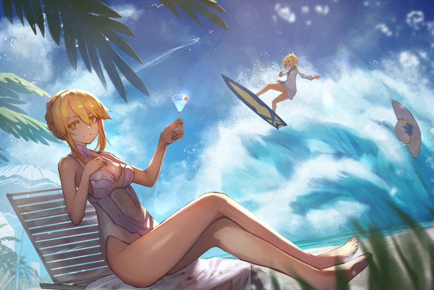 2girls aito artoria_pendragon_(all) artoria_pendragon_(lancer) barefoot beach bikini blonde_hair breasts cocktail_glass couch cup drinking_glass fate/grand_order fate_(series) feet hair_between_eyes hair_ornament hair_scrunchie highres large_breasts mordred_(fate)_(all) mordred_(swimsuit_rider)_(fate) multiple_girls ocean orange_hair scrunchie surfboard surfing swimsuit towel white_bikini yellow_eyes