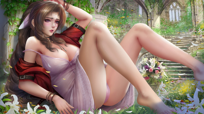 1girl aerith_gainsborough against_wall barefoot bow breasts brown_hair cleavage cropped_jacket dress drill_hair final_fantasy final_fantasy_vii final_fantasy_vii_remake flower jacket kaze_no_gyouja lily_(flower) off_shoulder panties pink_bow pink_dress pink_panties plant red_jacket ruins solo strap_slip toes tri_drills underwear vines