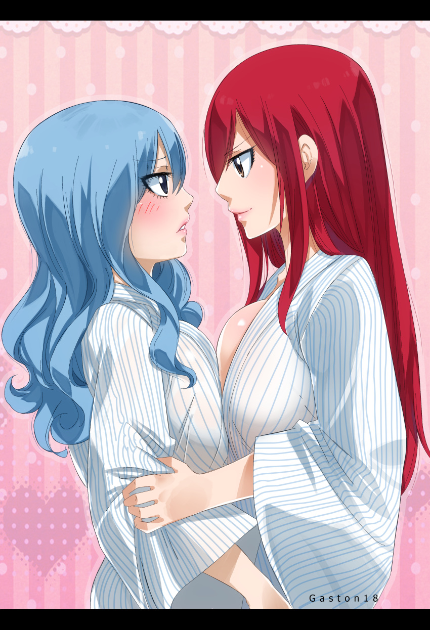 2girls absurdres artist_name blue_hair blush breast_press breasts brown_eyes cleavage erza_scarlet eyebrows_visible_through_hair eyes_visible_through_hair fairy_tail gaston18 grabbing_own_arm hair_between_eyes highres juvia_lockser large_breasts long_hair looking_at_another multiple_girls red_hair symmetrical_docking teeth upper_body watermark wavy_hair