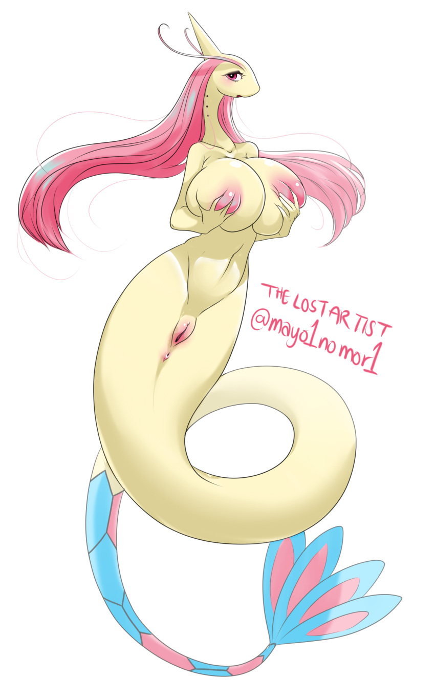 absurd_res anus areola big_breasts breasts female genitals hair hi_res holding_breast huge_breasts looking_at_viewer milotic nintendo pink_hair pok&eacute;mon pok&eacute;mon_(species) pussy simple_background solo the_lost_artist video_games white_background