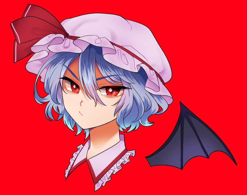 1girl :/ bat_wings blue_hair collar commentary_request diamond-shaped_pupils eyebrows_visible_through_hair frilled_shirt_collar frills furrowed_eyebrows hair_between_eyes hat hat_ribbon highres looking_at_viewer mito_(mo96g) mob_cap portrait purple_collar purple_headwear red_background red_eyes remilia_scarlet ribbon short_hair simple_background solo symbol-shaped_pupils touhou wings