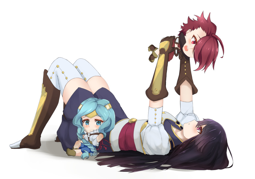 arms_up black_hair blue_eyes blue_hair boots brown_footwear chibi closed_mouth glass_(tate_no_yuusha_no_nariagari) highres l'arc_berg_sickle long_hair looking_up lying open_mouth pink_eyes red_eyes red_hair soveno tate_no_yuusha_no_nariagari therese_alexanderite