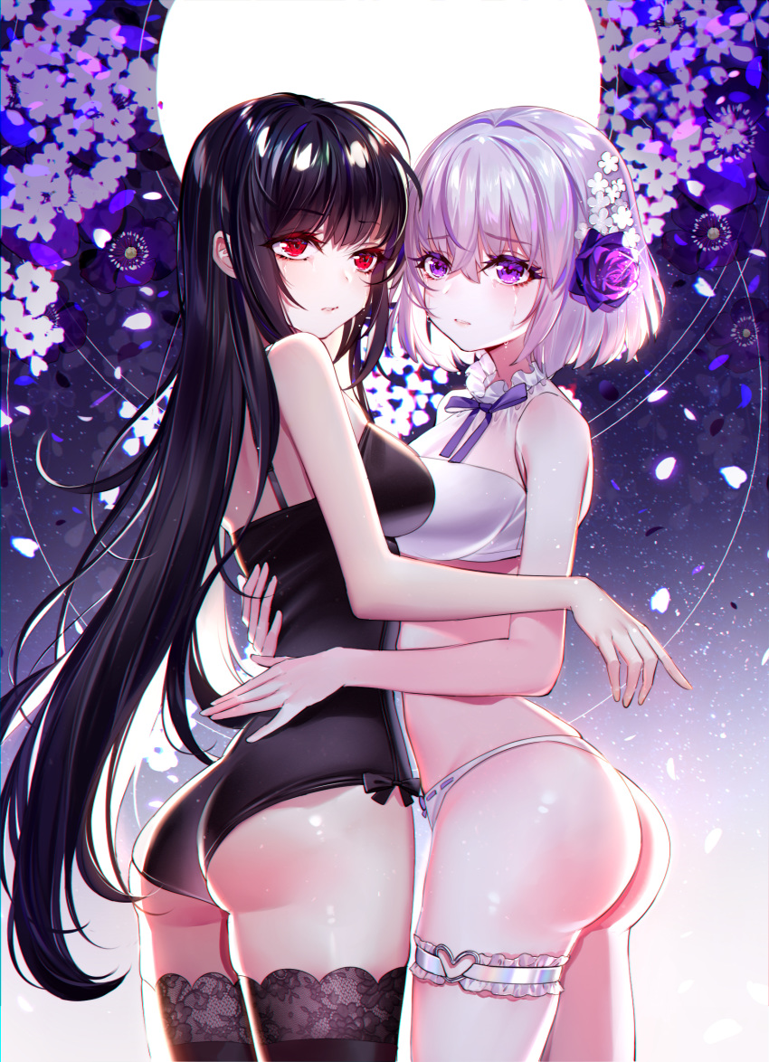 2girls absurdres ass bandeau bangs baocaizi bare_arms bare_shoulders black_hair black_legwear black_leotard blush bow bow_panties commentary_request crying crying_with_eyes_open eyebrows_visible_through_hair flower glowing hair_between_eyes hair_flower hair_ornament highres lace lace-trimmed_thighhighs leotard long_hair multiple_girls original panties parted_lips purple_eyes purple_flower purple_rose red_eyes ribbon-trimmed_panties rose short_hair silver_hair tears thighhighs underwear very_long_hair white_bandeau white_flower white_panties