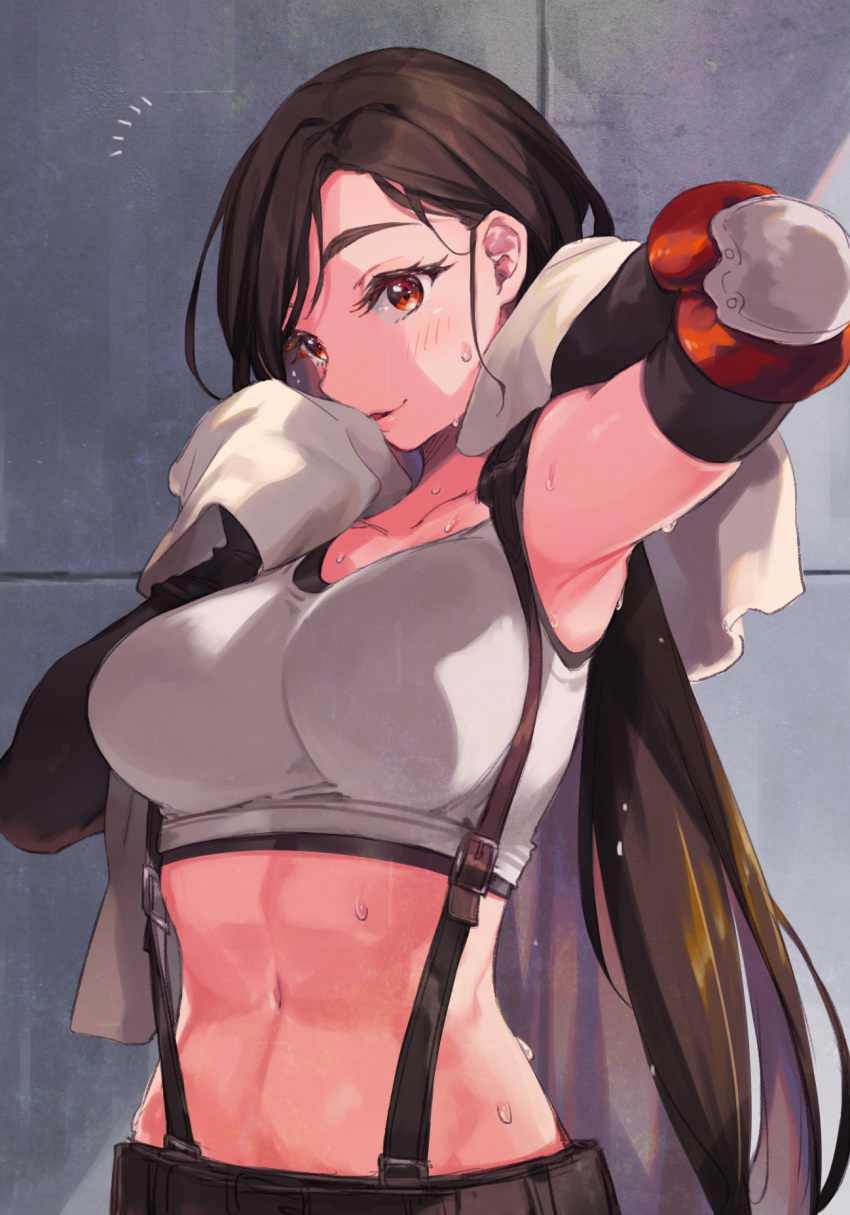 1girl amana_(pocketkey) armpits arms_behind_head arms_up bangs bare_shoulders black_gloves black_skirt blush breasts brown_hair cleavage collarbone elbow_gloves elbow_pads final_fantasy final_fantasy_vii gloves highres large_breasts long_hair looking_at_viewer midriff navel parted_lips red_eyes shirt skirt smile suspender_skirt suspenders sweat tank_top taut_clothes taut_shirt tifa_lockhart towel white_tank_top