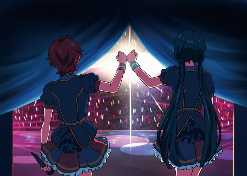 2girls audience backstage blue_hair blue_jacket concert curtains from_behind glowstick highres holding holding_microphone idol idol_clothes idolmaster idolmaster_million_live! indoors jacket julia_(idolmaster) k_a_z kitakami_reika long_hair low_twintails microphone miniskirt multiple_girls puffy_short_sleeves puffy_sleeves red_hair short_hair short_sleeves skirt spotlight stage standing twintails wristband