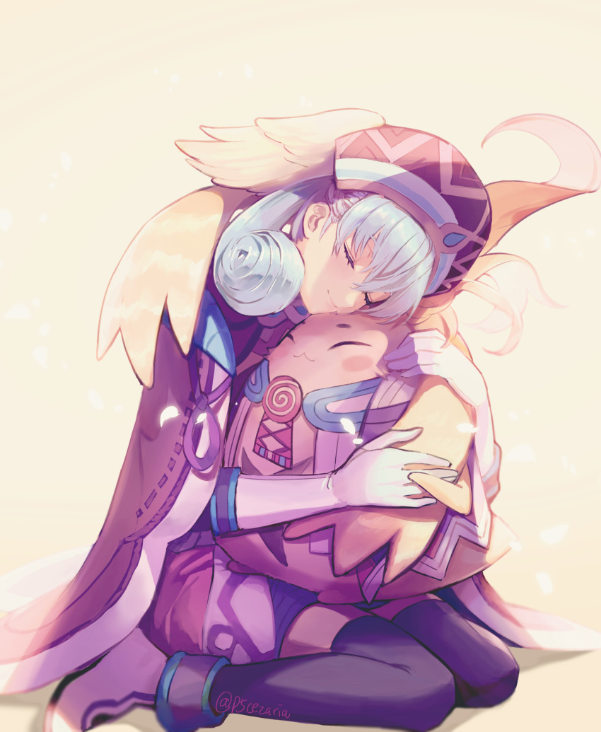 1boy 1girl absurdres cape closed_eyes gloves head_wings highres hug melia nopon obo riki_(xenoblade) silver_hair sitting smile thighhighs twitter_username wariza white_gloves xenoblade_(series) xenoblade_1