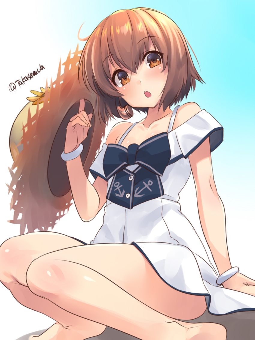1girl blue_background brown_eyes brown_hair dress feet_out_of_frame gradient gradient_background hat highres kantai_collection looking_at_viewer open_mouth short_hair sitting solo speaking_tube_headset straw_hat sun_hat sundress takase_muu white_dress yukikaze_(kantai_collection)