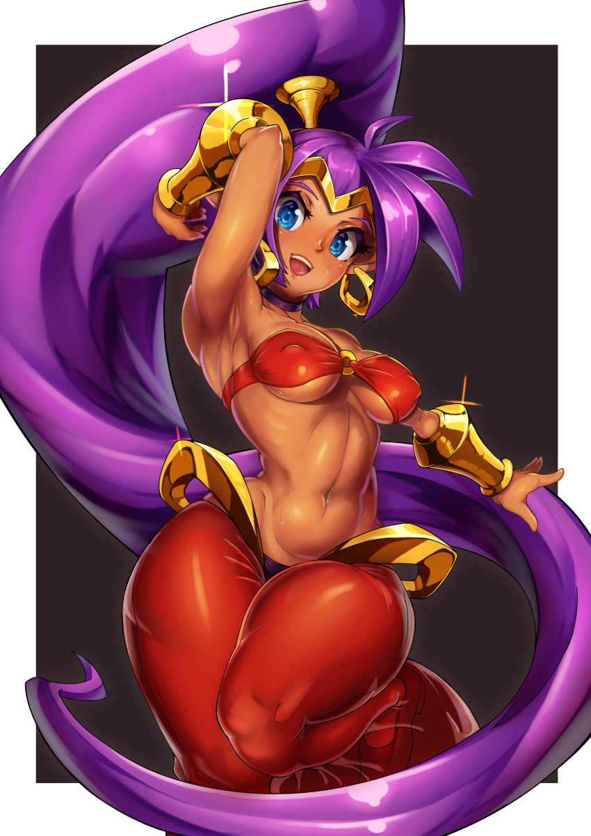 absurdres arabian_clothes arm_up armpits bandeau belmate blue_eyes bracer breasts choker clip_studio_paint_(medium) covered_nipples earrings hair_ornament harem_pants high_ponytail highres hoop_earrings jewelry long_hair looking_at_viewer medium_breasts navel open_mouth outstretched_arm pants purple_hair ribs shantae_(character) shantae_(series) smile stomach sweat tan tiara toned underboob upper_teeth very_long_hair