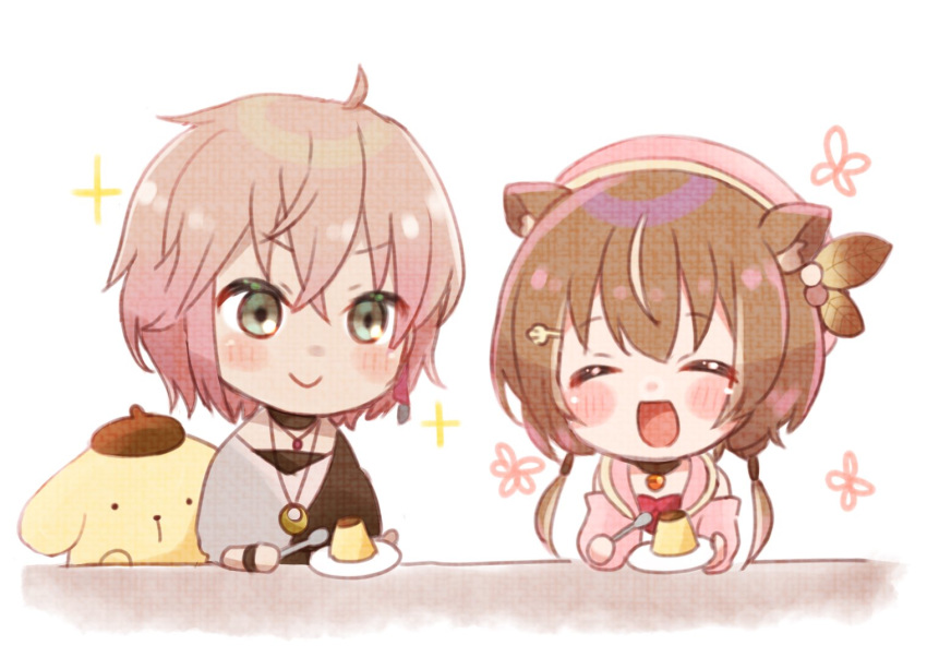 1boy 1girl ahoge animal_ears ayunda_risu blush blush_stickers brown_hair chibi closed_eyes closed_mouth commentary_request food green_eyes hair_between_eyes hololive hololive_indonesia holostars jewelry necklace open_mouth pink_hair plate rikka_(holostars) simple_background sketch smile squirrel_ears table tn_pr26 virtual_youtuber white_background