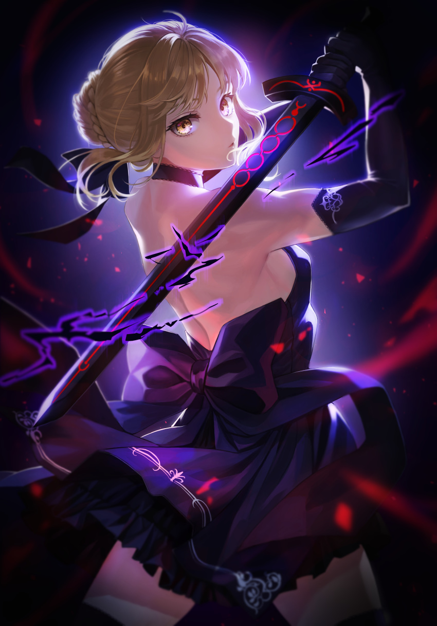 1girl absurdres artist_request artoria_pendragon_(all) bangs bare_shoulders black_dress black_gloves black_legwear blonde_hair braid breasts dark_excalibur dress elbow_gloves fate/stay_night fate_(series) french_braid gloves highres long_hair looking_at_viewer looking_back open_mouth saber_alter sideboob small_breasts sword thighhighs thighs weapon yellow_eyes