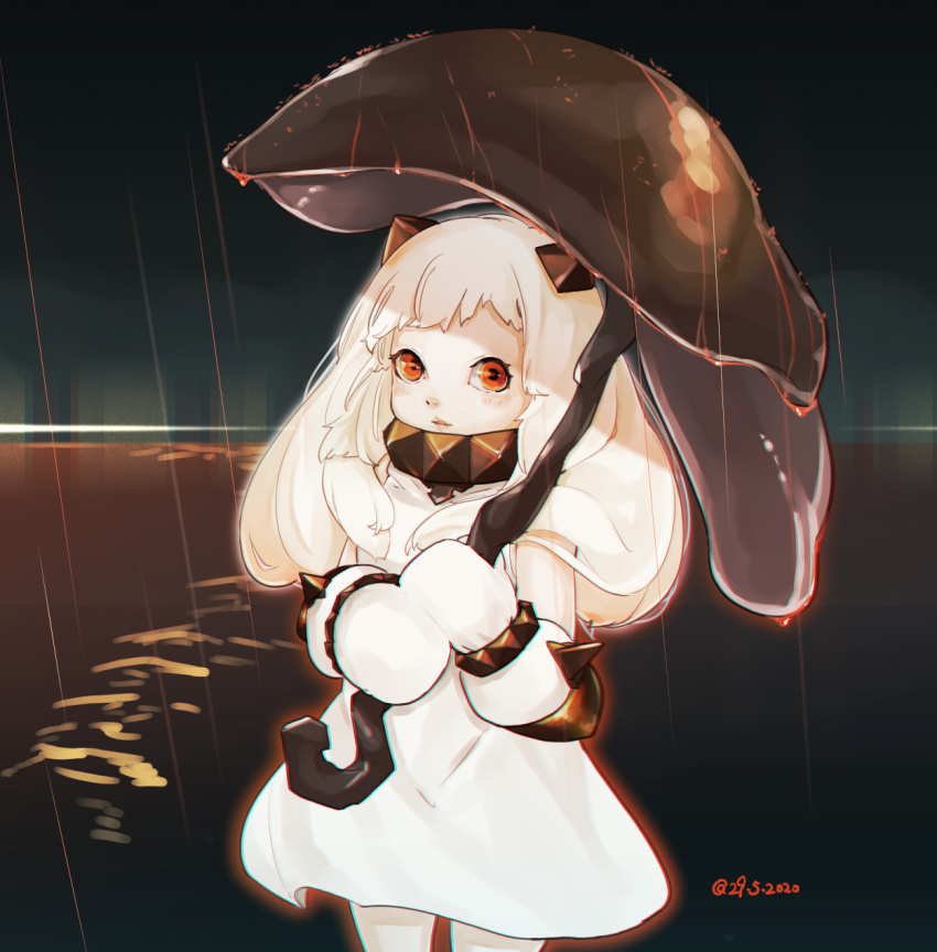 1girl bracelet chromatic_aberration collar dated dress fuwafuwatoufu highres horns jewelry kantai_collection long_hair mittens northern_ocean_hime orange_eyes rain shinkaisei-kan solo spiked_bracelet spiked_collar spikes umbrella white_dress white_hair white_mittens white_skin