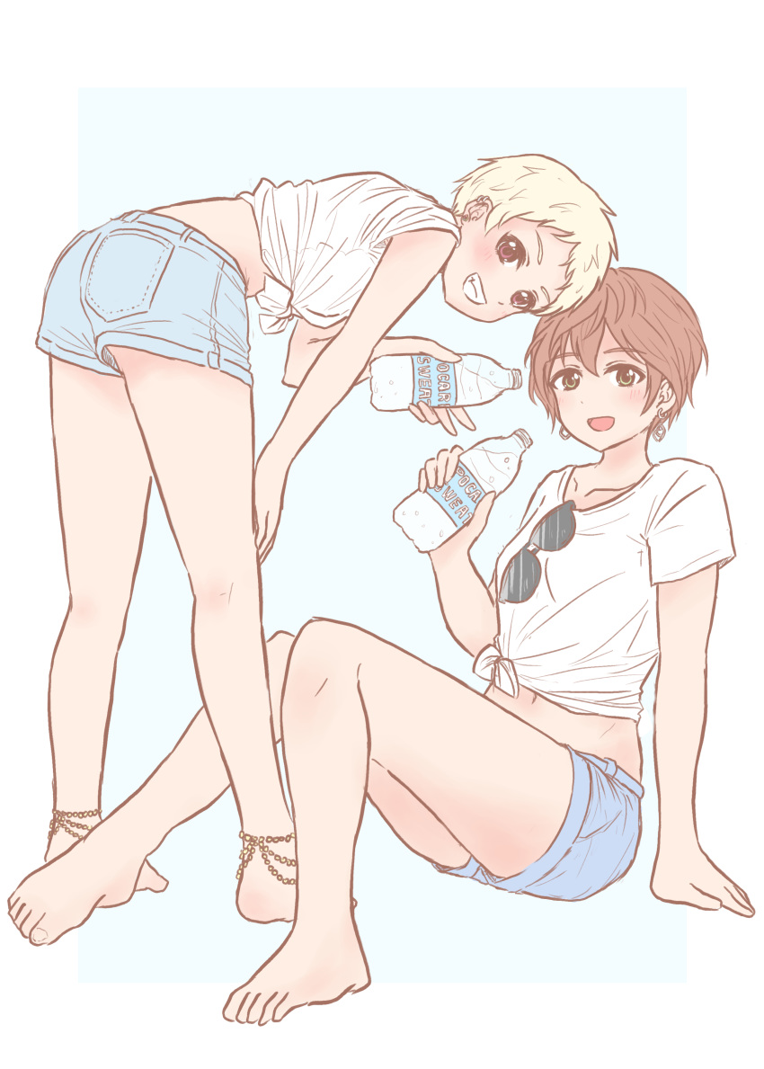 2girls absurdres anklet barefoot bent_over blonde_hair blue_background bottle brown_hair denim denim_shorts ear_piercing earrings energy_drink eyewear_hang eyewear_removed green_eyes grin highres idolmaster idolmaster_cinderella_girls jewelry midriff multiple_girls navel noe_aoikaba open_mouth piercing pixie_cut pocari_sweat red_eyes senzaki_ema shirt short_hair short_shorts shorts smile sunglasses tied_shirt very_short_hair yoshioka_saki