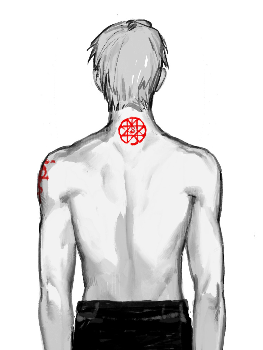 1boy 39theonario alphonse_elric arms_at_sides back black_outline black_pants bodypaint dimples_of_venus facing_away flamel_symbol fullmetal_alchemist grey_theme greyscale highres male_focus monochrome nape outline pants shiny shiny_hair shirtless shoulder_blades simple_background spot_color standing upper_body white_background