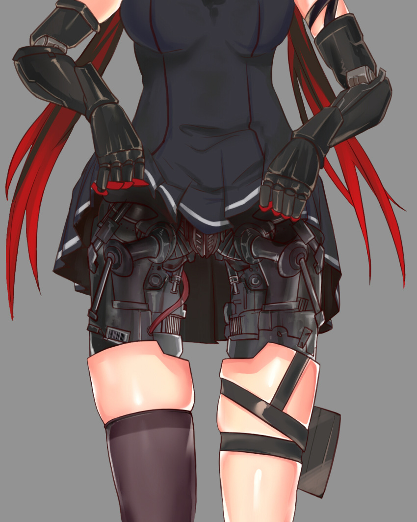 1girl batiao_zhai black_hair black_legwear black_skirt breasts grey_background head_out_of_frame highres lucia_(punishing:_gray_raven) mechanical_arms mechanical_legs mechanical_parts medium_breasts multicolored_hair punishing:_gray_raven red_hair self_exposure single_thighhigh skindentation skirt solo_focus thigh_pouch thigh_strap thighhighs thighs wiring