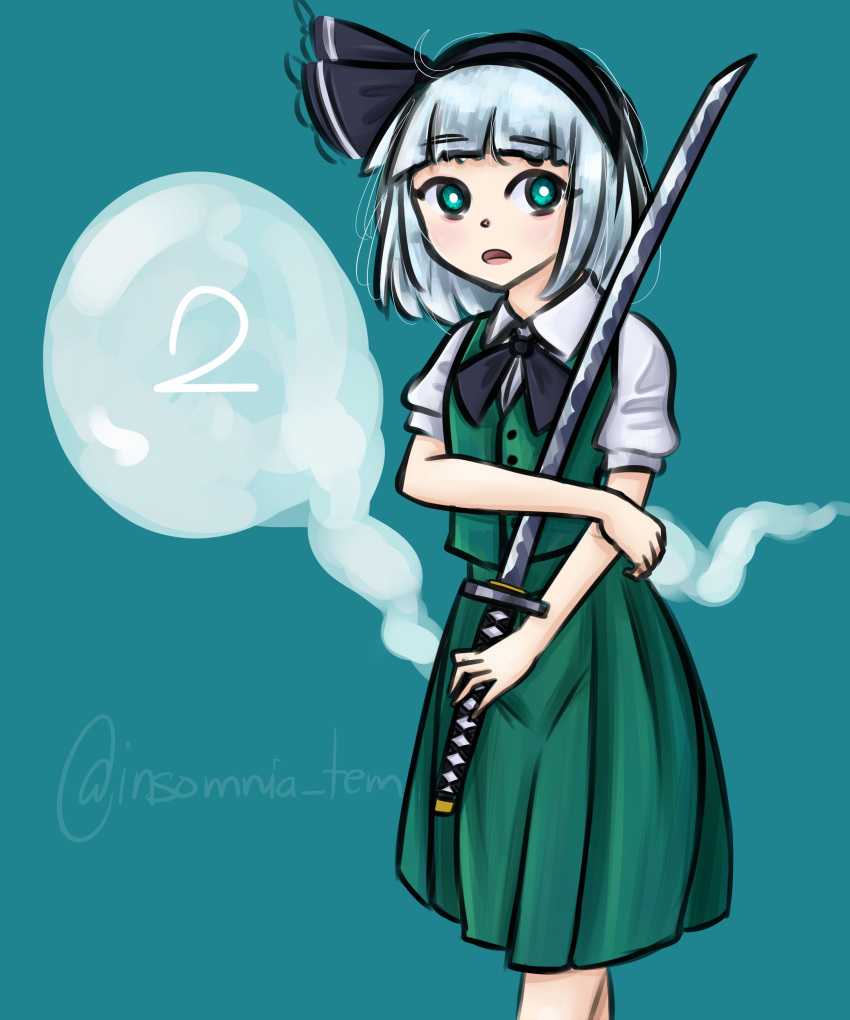 1girl absurdres black_headwear blue_background bow buttons green_eyes green_skirt green_vest highres katana konpaku_youmu konpaku_youmu_(ghost) number open_mouth perfect_cherry_blossom short_hair short_sleeves silver_hair skirt solo sword tem_(insomnia_tem) touhou vest weapon