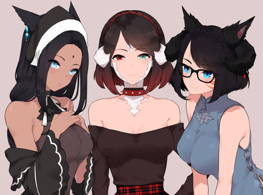 3girls :o absurdres animal_ears bangs bindi blue_dress blue_eyes body_markings breasts brown_hair brown_shirt cat-shaped_pupils cat_ears china_dress chinese_clothes cleavage commission dragon_horns dress earrings eyebrows_visible_through_hair facial_mark final_fantasy final_fantasy_xiv forehead_mark frilled_dress frilled_neckwear frills gingham_skirt glasses green_eyes grey_background half-closed_eyes hands_over_breasts headgear heterochromia highres horns jewelry lipstick long_hair looking_at_viewer makeup medium_breasts medium_hair multiple_girls original red_eyes sakotach shirt short_hair smile upper_body