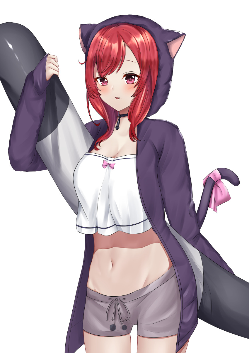 1girl absurdres animal_ears animal_hood arm_behind_back azur_lane bangs black_choker black_hoodie blush breasts cat_ears cat_girl cat_tail choker cleavage commentary cowboy_shot crop_top crop_top_overhang eyebrows_behind_hair fake_animal_ears grey_shorts groin hair_between_eyes highres holding holding_pillow hood i-19_(azur_lane) i-19_(pillowy_paradise)_(azur_lane) jacket konparu_uran large_breasts long_hair long_sleeves looking_at_viewer loungewear midriff navel open_clothes open_jacket parted_lips pillow red_eyes red_hair ribbon shirt short_shorts shorts sidelocks simple_background sleeves_past_wrists solo standing tail tail_ribbon torpedo white_background white_shirt