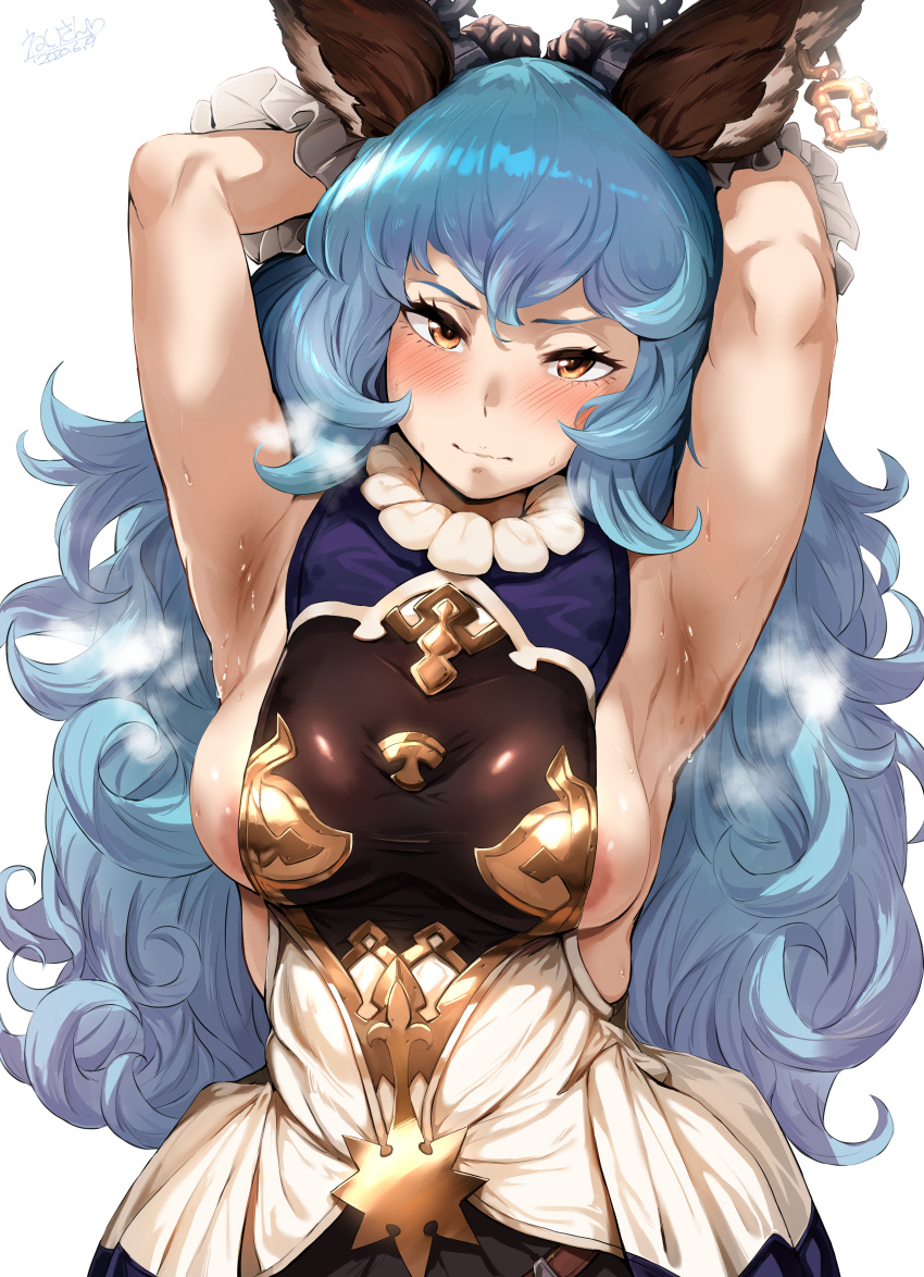 1girl absurdres animal_ears areola_slip areolae armpits arms_behind_head arms_up backless_dress backless_outfit bangs blue_hair blush breasts bunny_ears closed_mouth commentary_request dress erune ferry_(granblue_fantasy) frilled_gloves frills gloves granblue_fantasy hero_neisan highres huge_filesize jewelry long_hair looking_at_viewer medium_breasts sideboob sideless_outfit single_earring smell sweat wavy_hair yellow_eyes